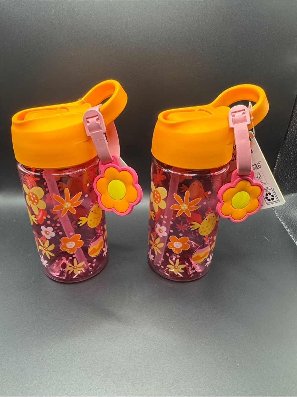 NWT Lot of 2 Celebrate Kids Floral Water Bottle Orange Lid and Pink Flower Charm